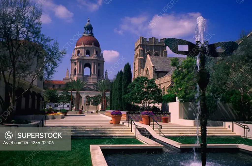 View of Pasadena City Hall including the fountain in Pasadena, California.