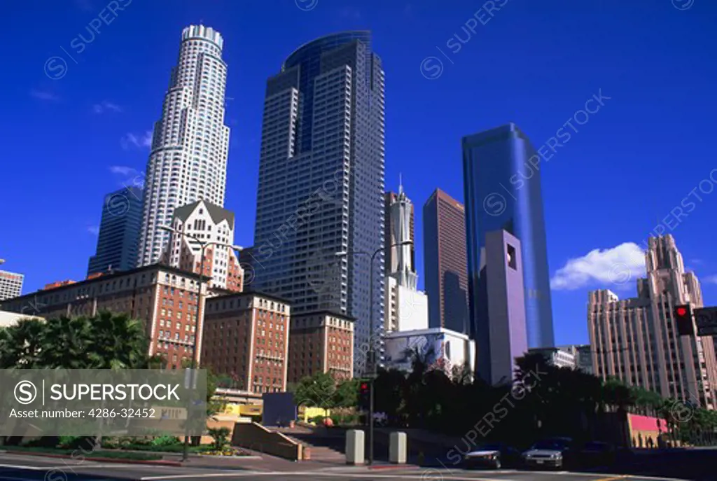 View from Pershing Square of the skyline in downtown Los Angeles, California.