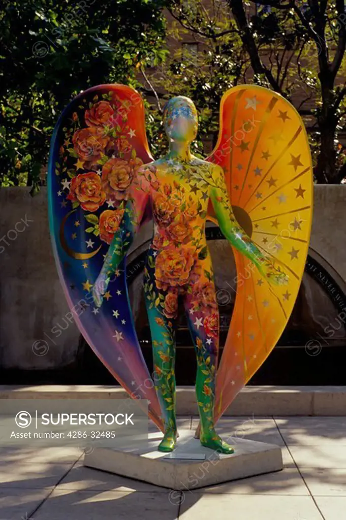 Painted statue 'The Angel of Life by Paul R. Rodriguez, outside the Los Angeles Central Library, CA.