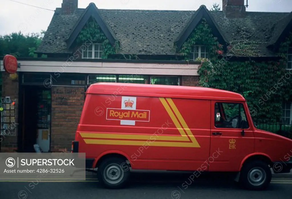 Royal mail van at small post office, Blenhein, England.  