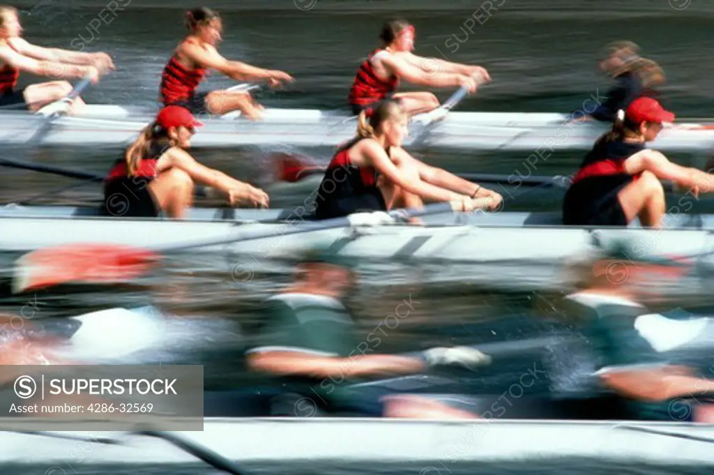 Women crew teams during opening day of crew races, Seattle, Washington, with blurred effect.