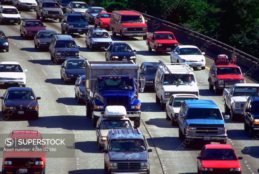 Overhead view of traffic during rush hour on Interstate 5.