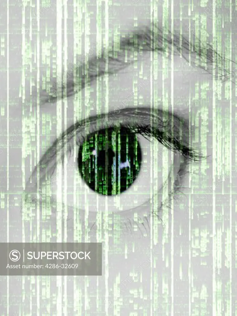 Woman's eye and streaming computer code