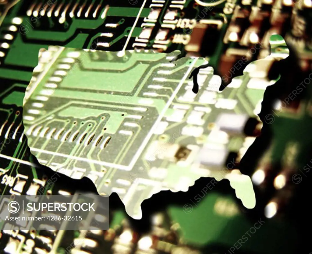 Map of USA laid over computer circuit board