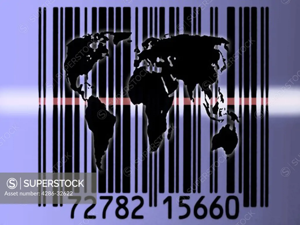 Map of Earth laid over barcode