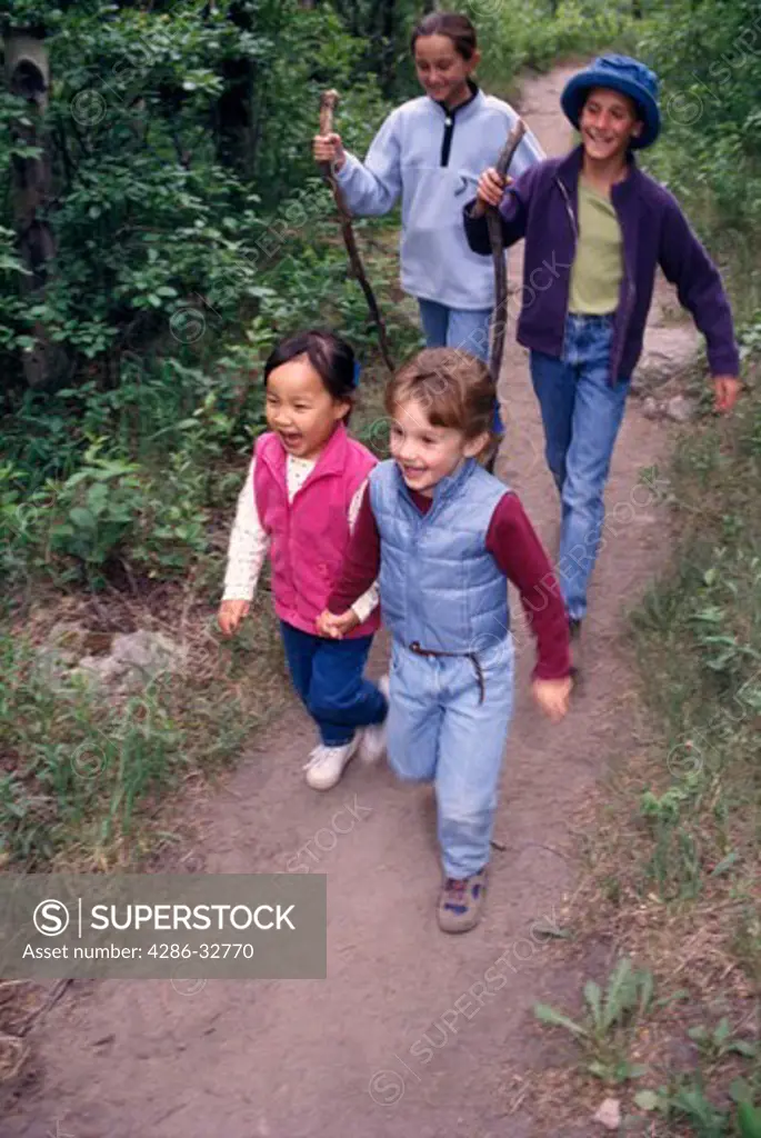 Two four-year-old girls and two pre-teen girls hiking together on a path through the forest.