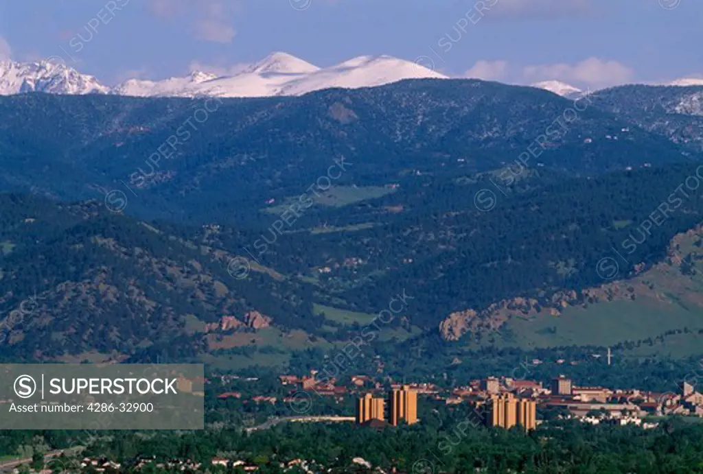 Snowcapped peaks above the University of Colorado in Boulder, CO