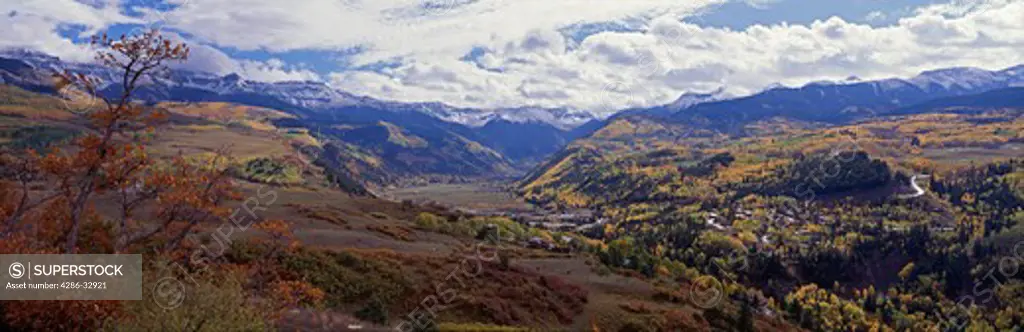 Autumn view of valley along Society Turn, San Miguel River, Telluride, CO 