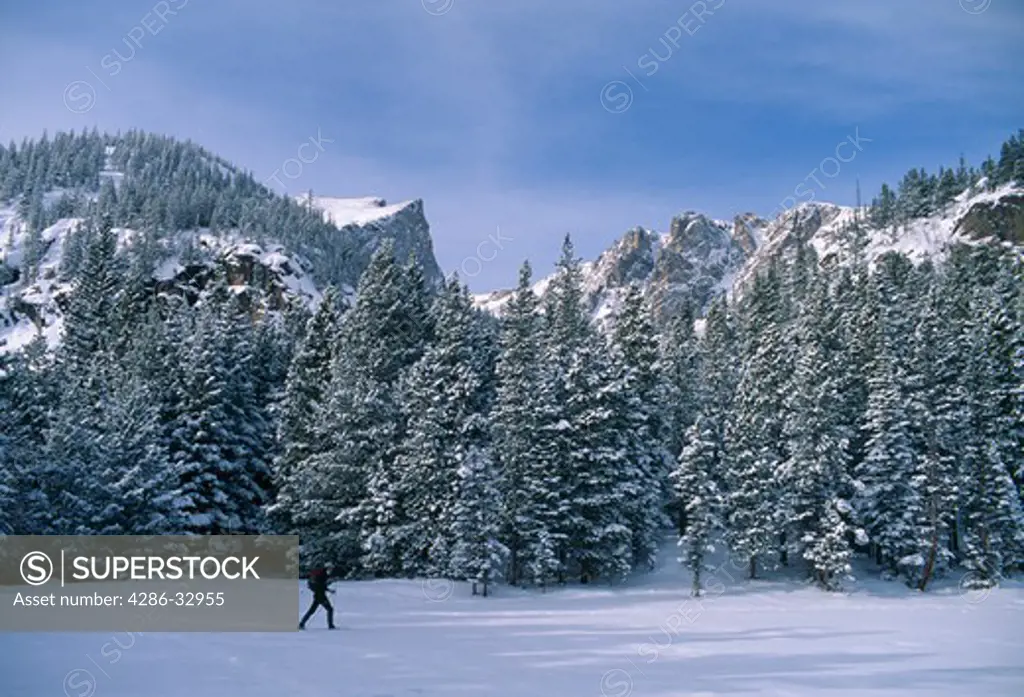 Man snowshoeing on new snow beneath Hallett Peak, Rocky Mtn Nat'l Park, CO