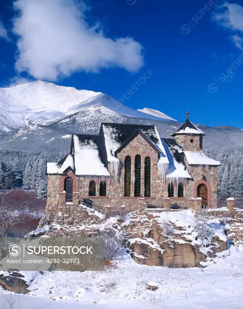 Snow covered St Catherines Chapel of Sienna at St Malo along the Peak to Peak Scenic Byway in the Rocky Mountains of Colorado