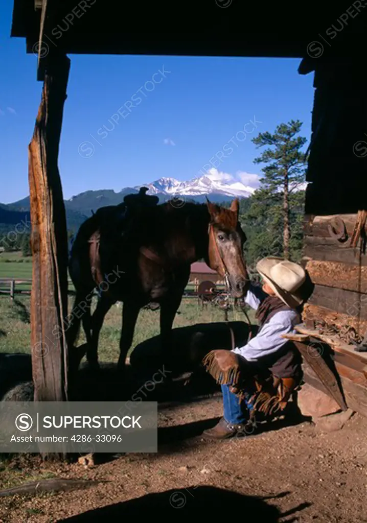 Cowboy having coversation with horse, MacGregor Ranch, Estes Park, CO