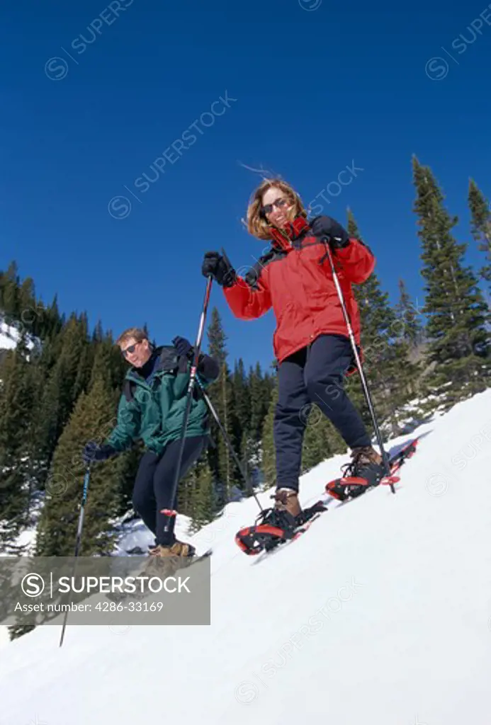 Couple snowshoeing down steep slope, Rocky Mtns, CO