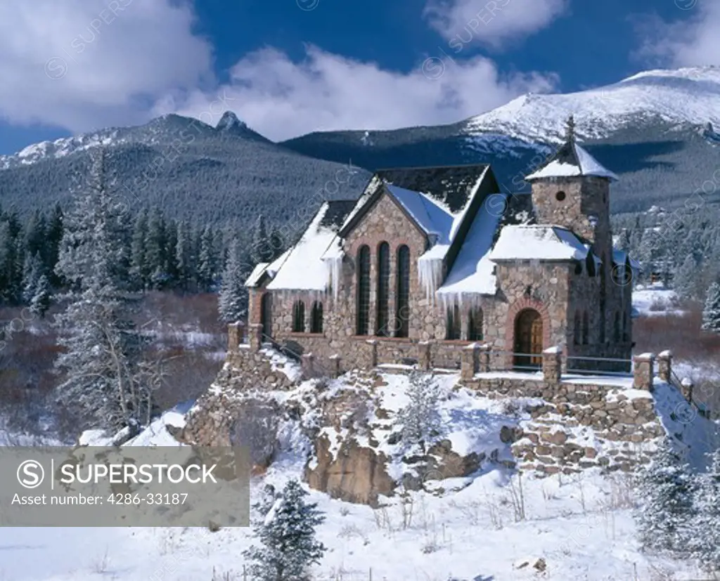 Snow covered St Catherine's Chapel of Sienna at St Malo along Peak to Peak Scenic & Historic Byway, CO