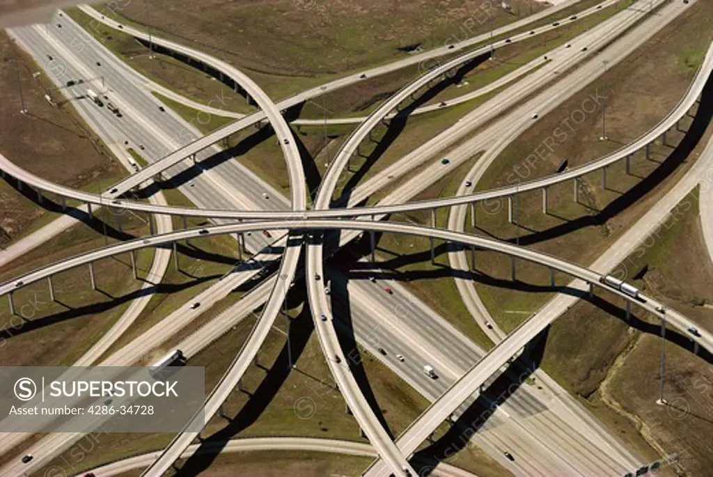Aerial of a highway cloverleaf in Texas