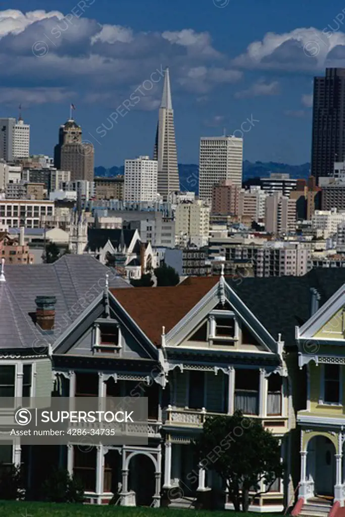 San Francisco, California skyline with houses in foreground, California