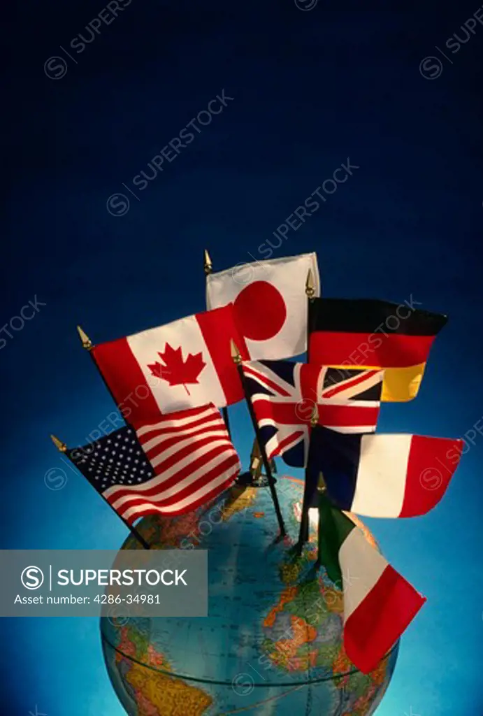 Flag of Economic 'Group of Seven' on globe.