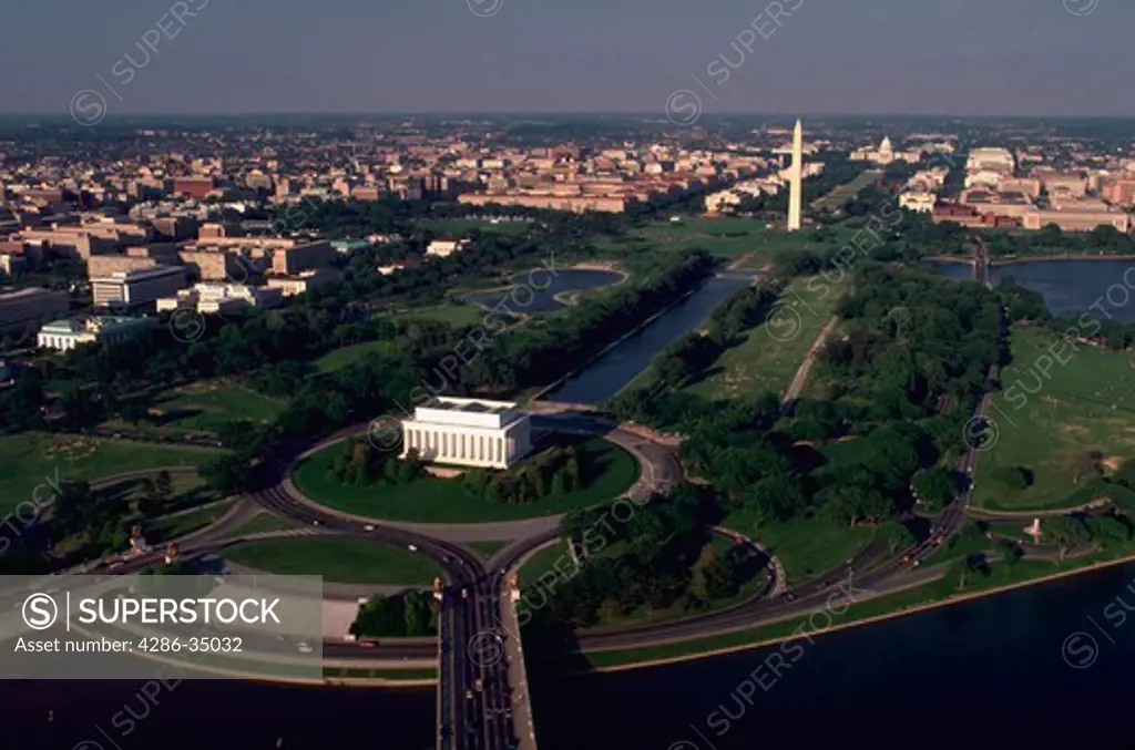 Aerial view of the mall area of Washington, DC. showing the Lincoln Memorial, Washington Monument and the Capitol. - AA06743
