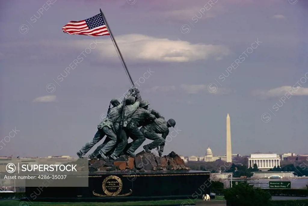 Marine Corps Memorial with the Lincoln Memorial, Washington Monument and the Capitol in the background. - AA09068