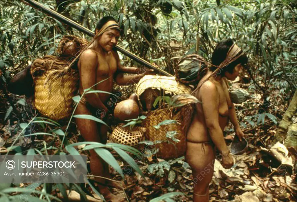 Hoti Indian man and woman carrying baskets and jugs through the forest, Amazonas Territory and Boliar State, Guiana Highlands, Venezuela.