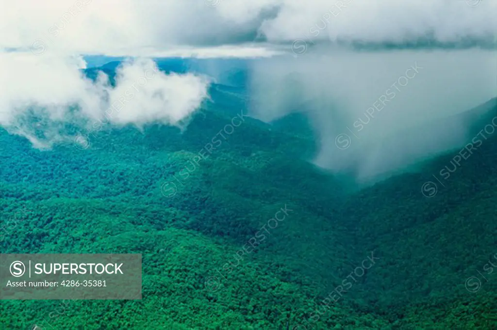 Aerial of tropical rainstorm showig rainshaft at base of cumulonimbus cloud in Guiana Highlands, Amazonas State, Venezuela.