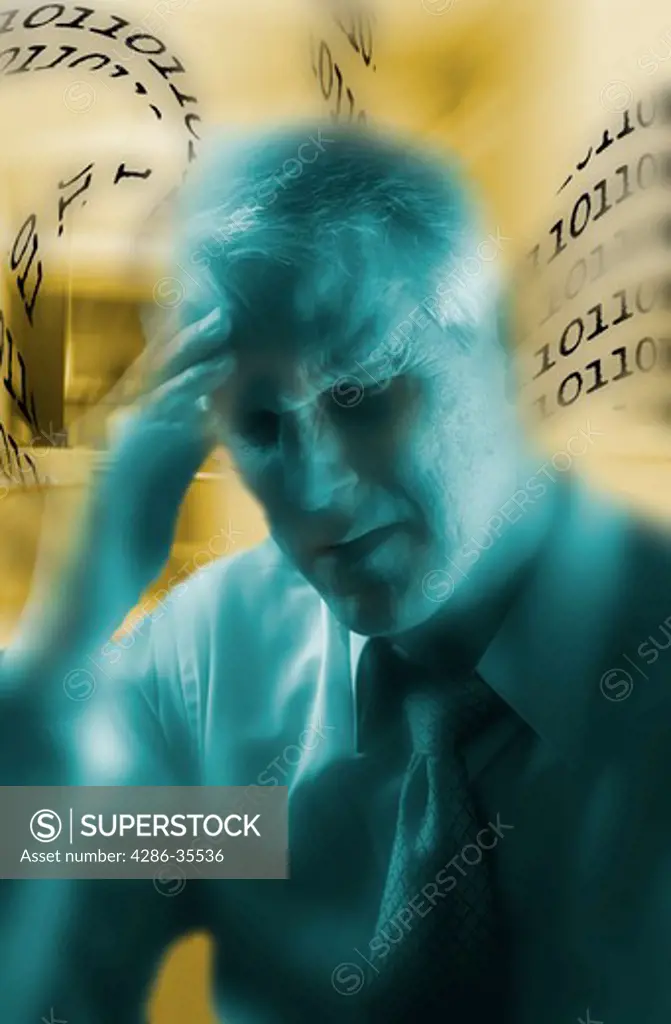 A business man with a pained expression holding his hand to his head while thinking with numbers floating around his head.