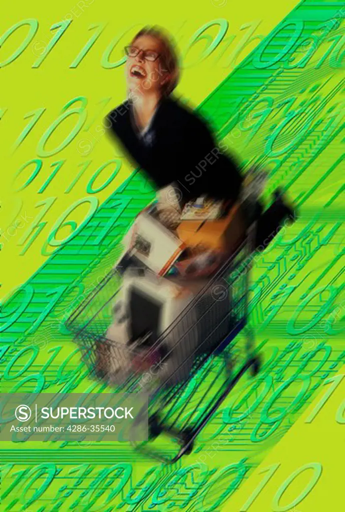 Blurred view of a woman pushing a shopping cart full of computer equipment and supplies with numbers and a circuit board in the background.