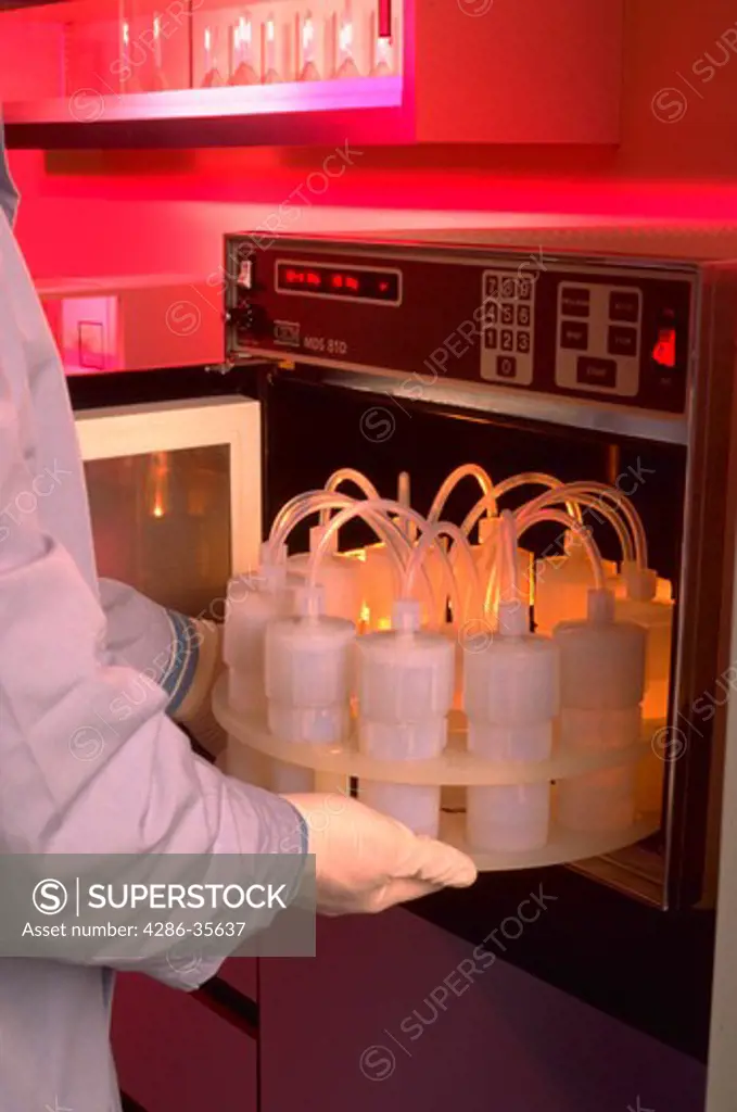 Research technician doing product testing in microwave.