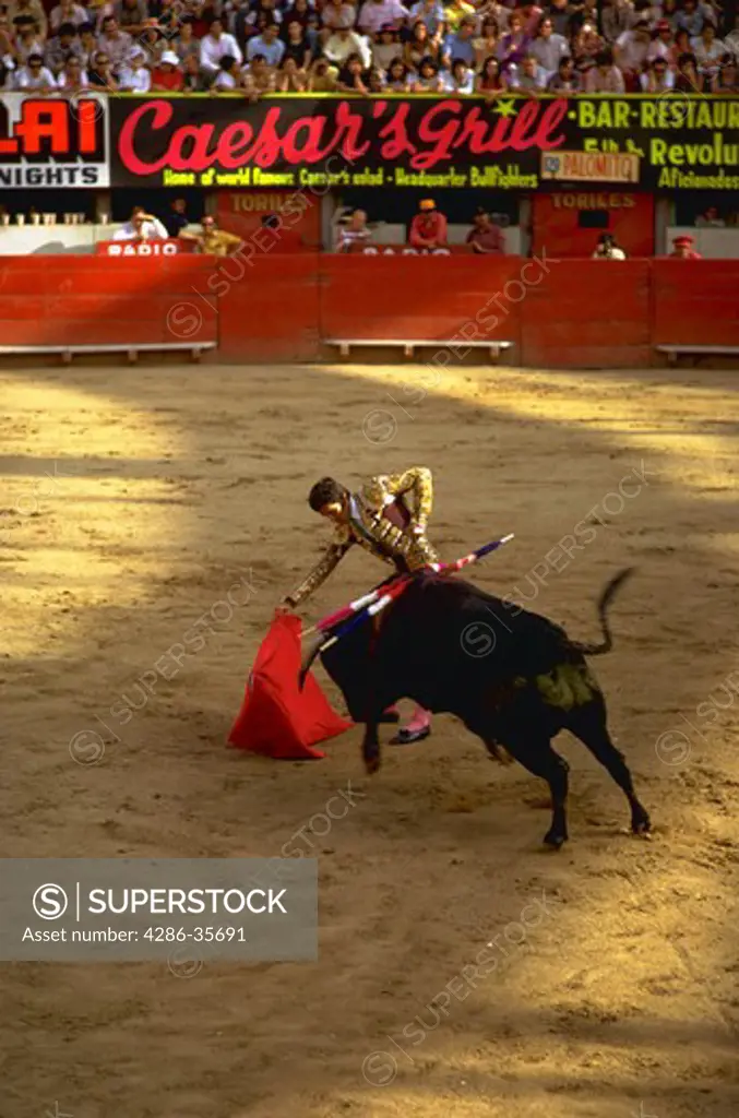 Bullfight in Mexico.  Shows matador using cape to control bull in one of a series of dangerous passes.  Excitement of a controversial sport, where man competes with animals.  Testing oneself.  Risk-taking.  (Travel.  Sport.  Occupations.  Concepts.)