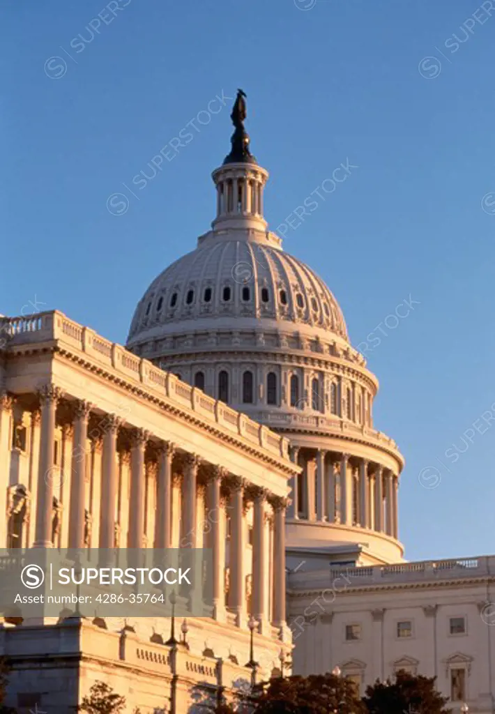 U.S. Capitol building, with Senate side of building in foreground.  (Washington, DC.  Architecture.  Government.  Tourism.)