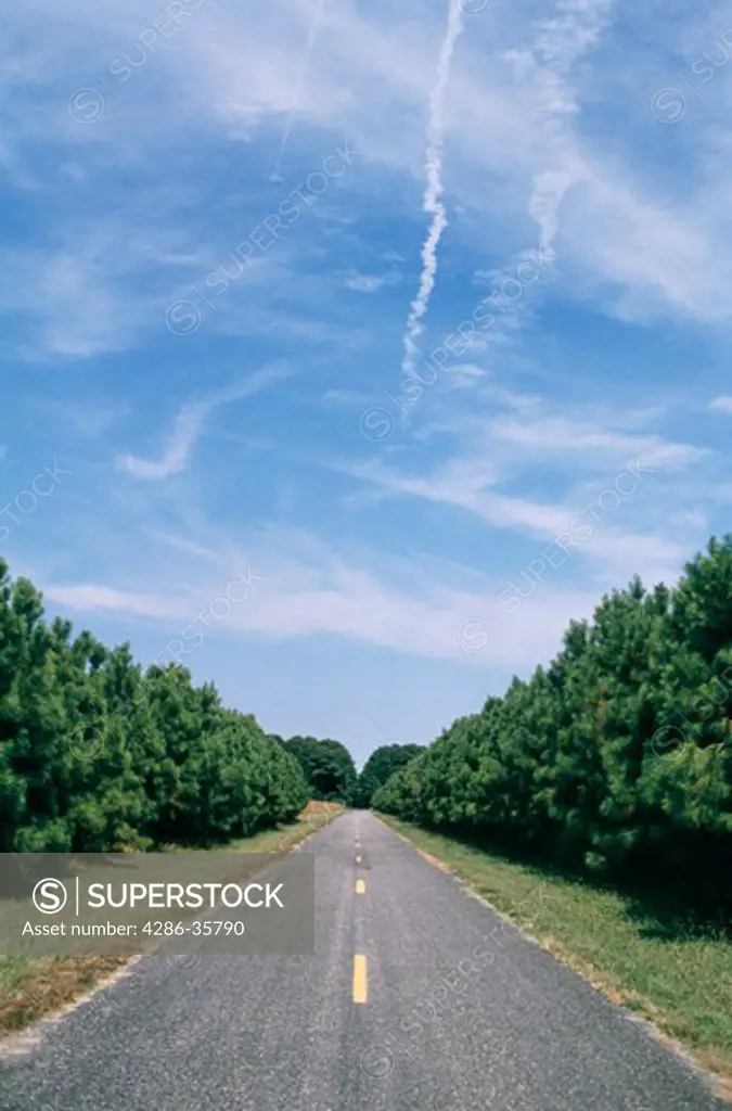 Road, disappearing into the distance. Very symmetrical.  Blue sky. (Concept. The journey. Adventure. Travel. American landscape.)