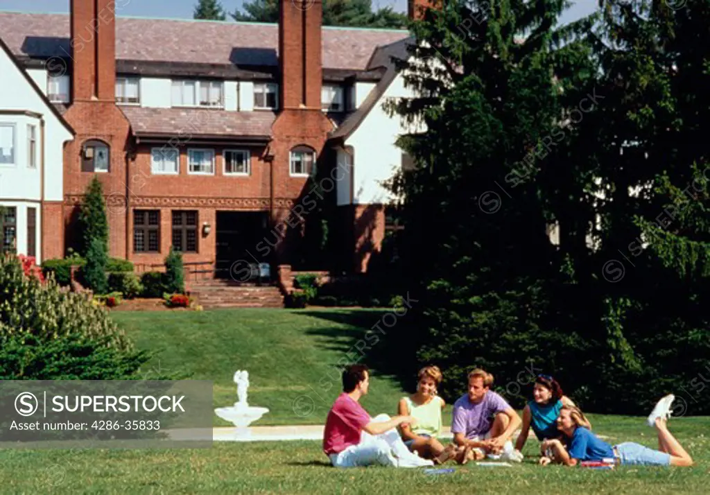 Group of college students talking on lawn at college campus.