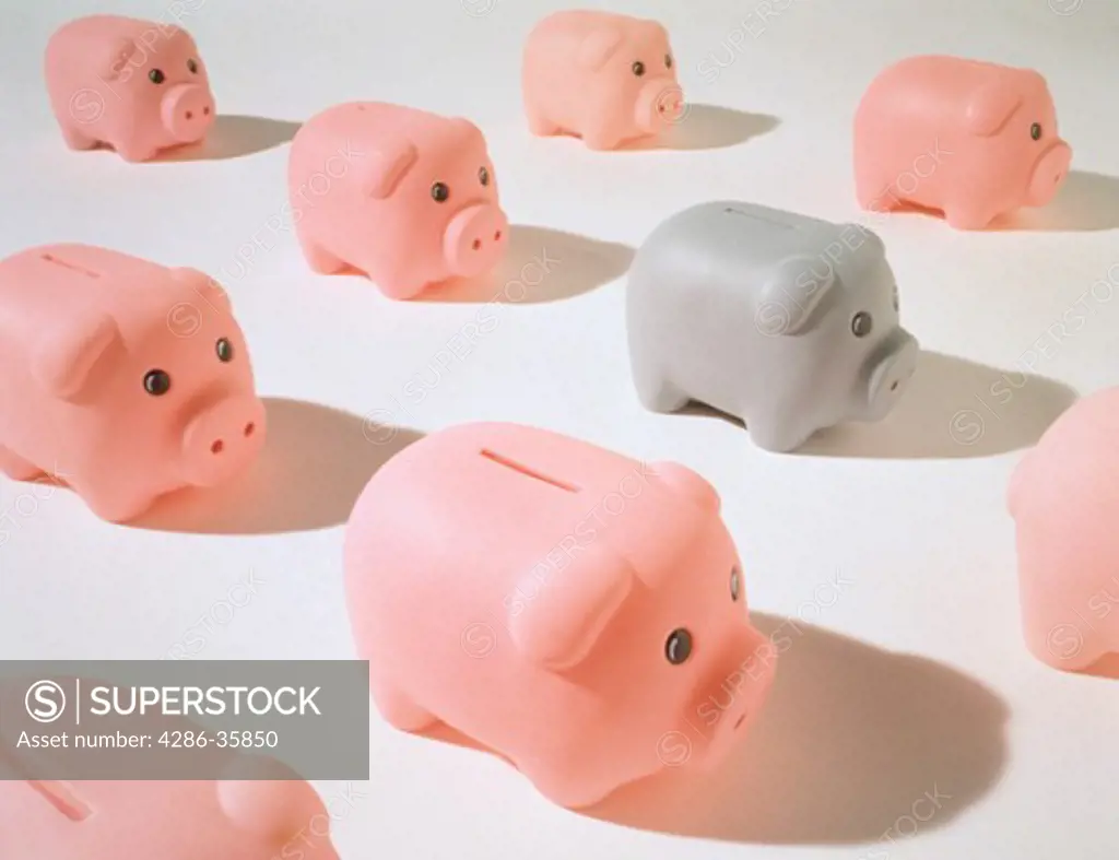 Pink and gray piggy banks.