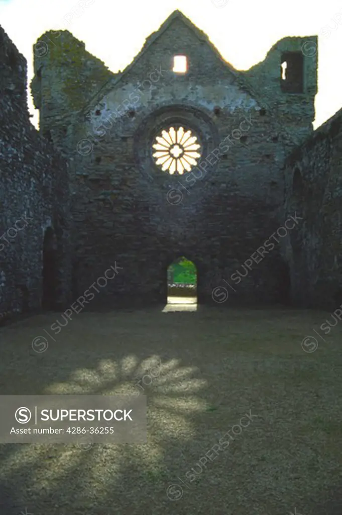Sunlight shinning through a rose window frame of the medieval abbey ruins at Saint Davids, Wales, United Kingdom.