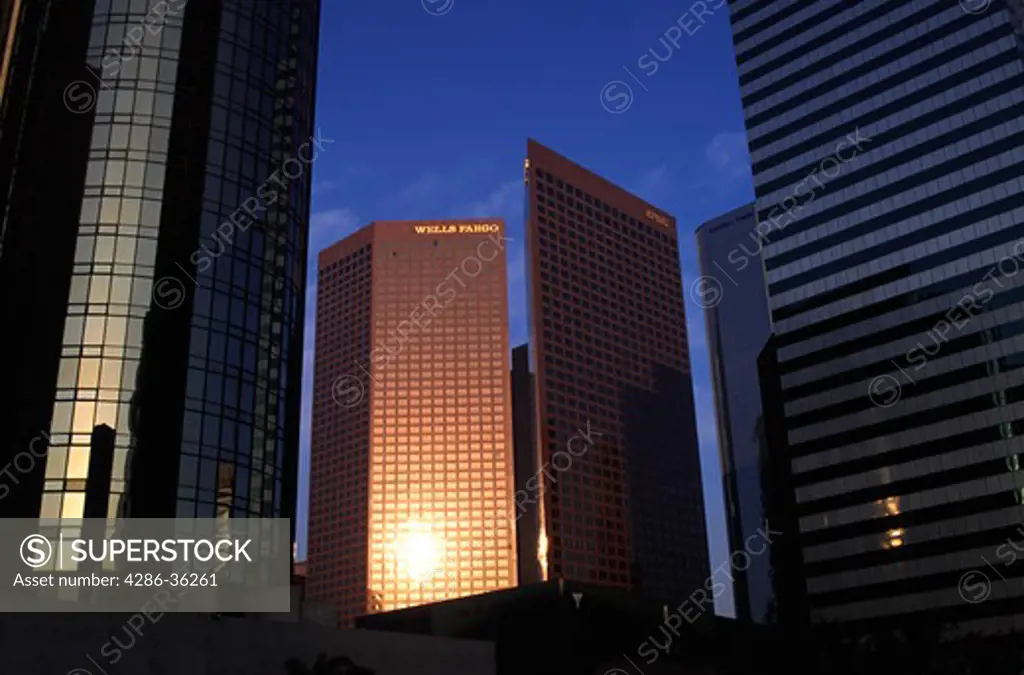 View of downtown skyscrapers in Los Angeles, California.