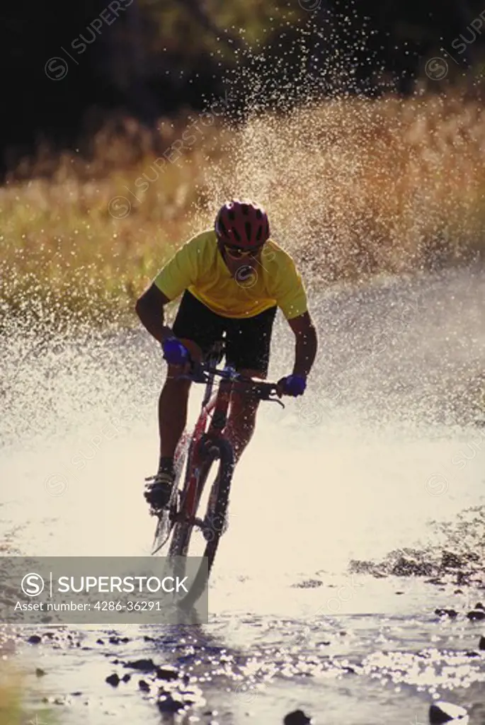 Mountain biker, with water spraying