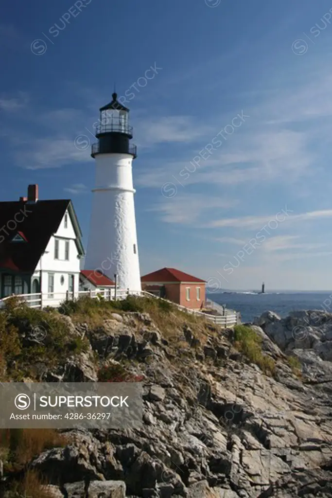 Daytime view of the Portland Head lighthouse in Cape Elizabeth, Maine. 