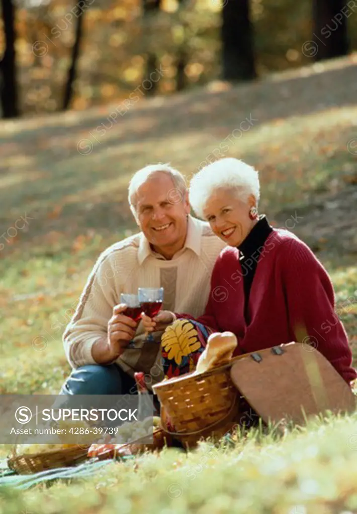 Senior couple having picnic outdoors, MR