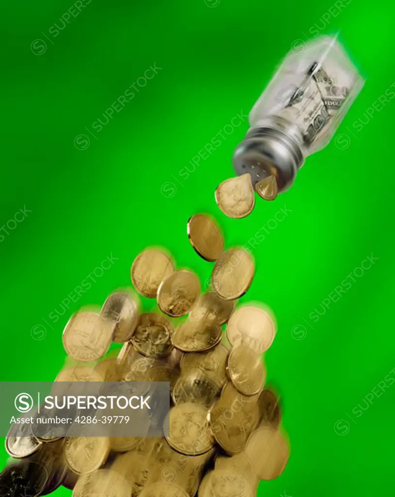 A salt shaker with hundred dollar bills in it against a green background.  Gold one dollar coins are falling out of the shaker.