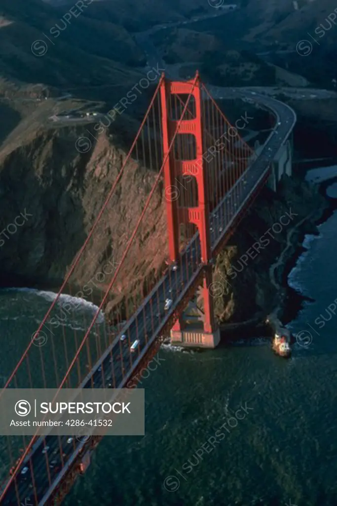 Aerial view of cars on Golden Gate Bridge, San Francisco, California.