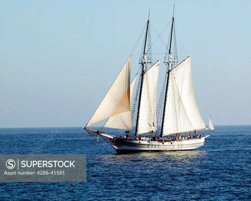 The Spirit of Dana Point Harbor, a schooner ship, at sea. 