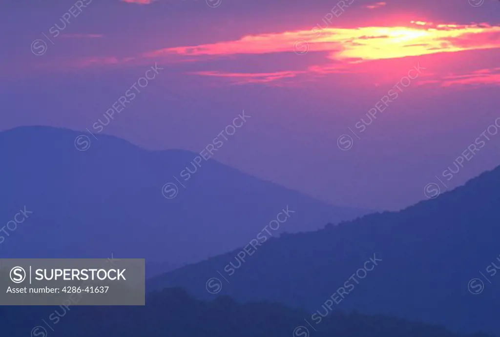 Sunrise over mountains from Thronton Hollow Overlook, Shenandoah National Park, Virginia.