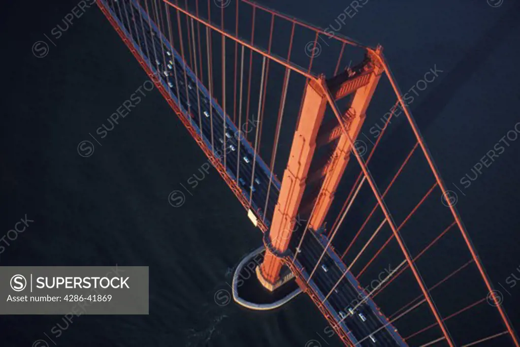 aerial view down onto Golden Gate Bridge San Francisco California