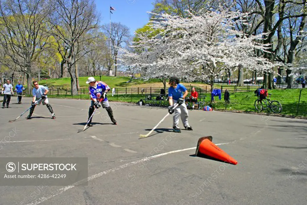 Urban roller hockey game in Central Park New York