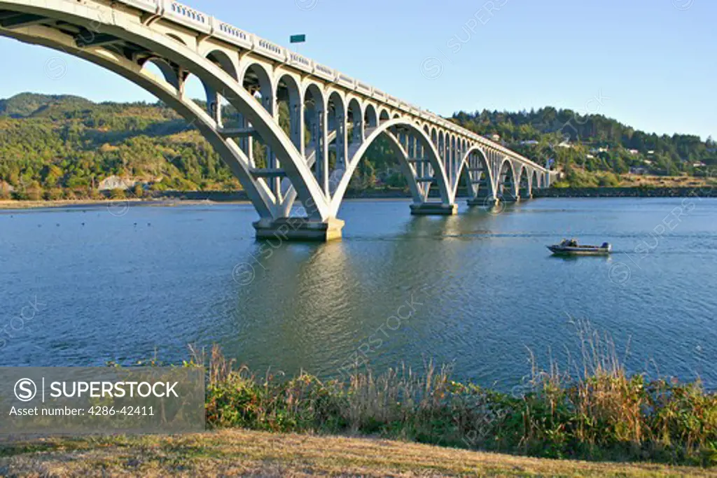 Patterson Memorial Bridge highway 101 over Rogue River on coast at Gold Beach Oregon
