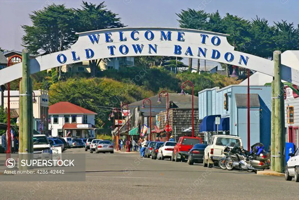 Welcome arch over street in Old Bandon Oregon
