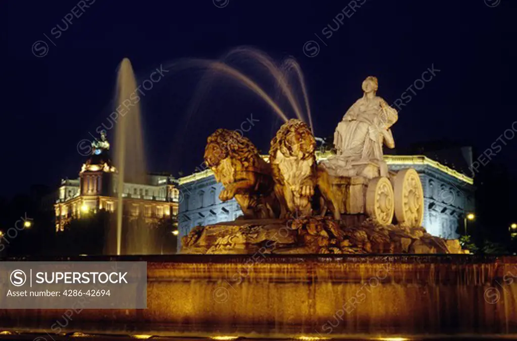 The Cybele Fountain at night, Madrid, Spain.