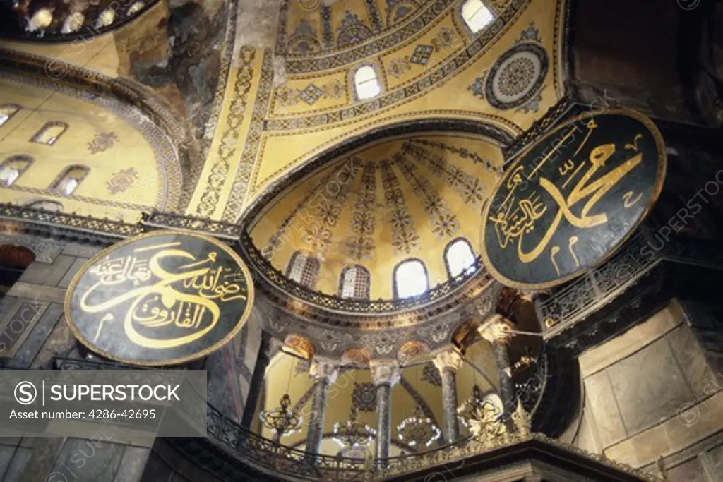 The interior of the Hagia Sophia in Istanbul, Turkey displays Byzantine and Islamic styles of design.