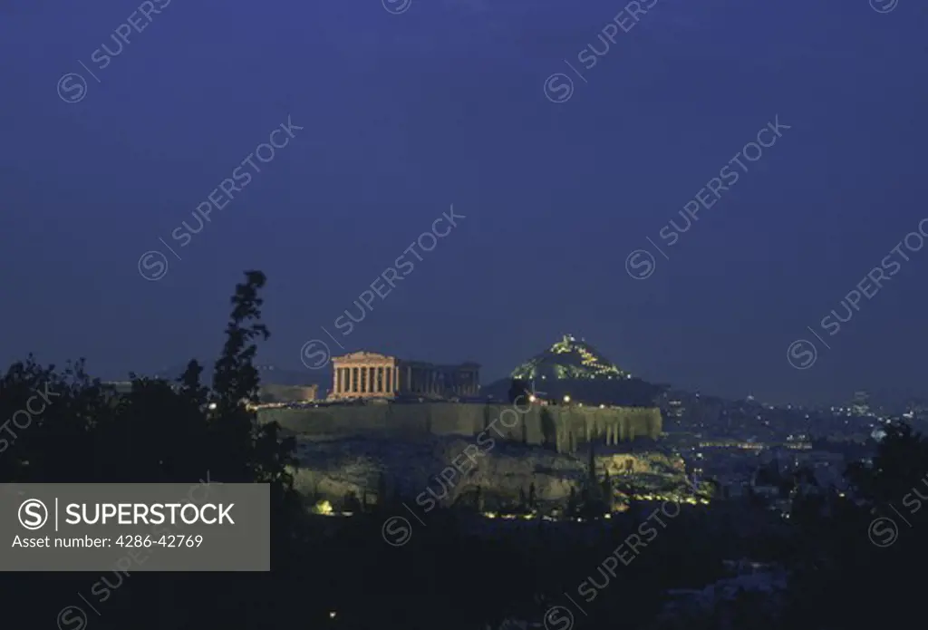 The Parthenon in Athens, Greece, at night