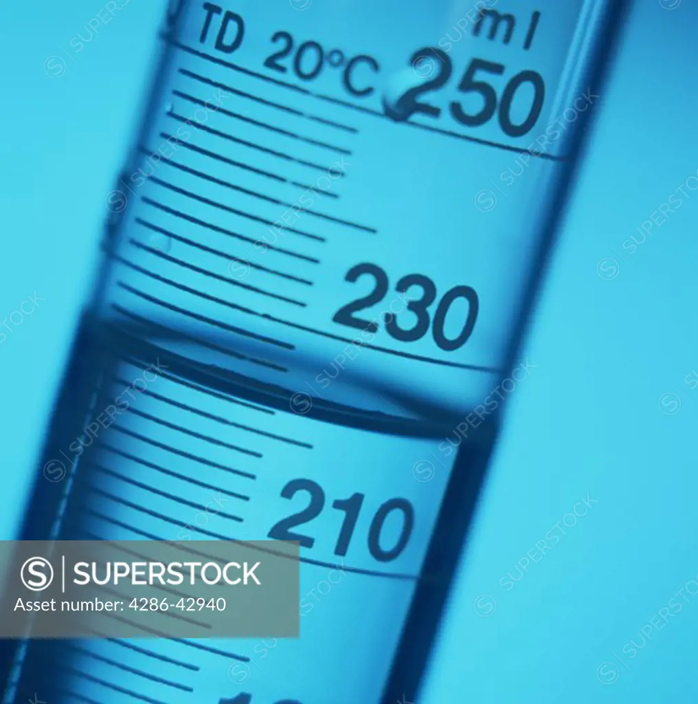 Close-up of a measuring scale partially filled with a clear liquid.