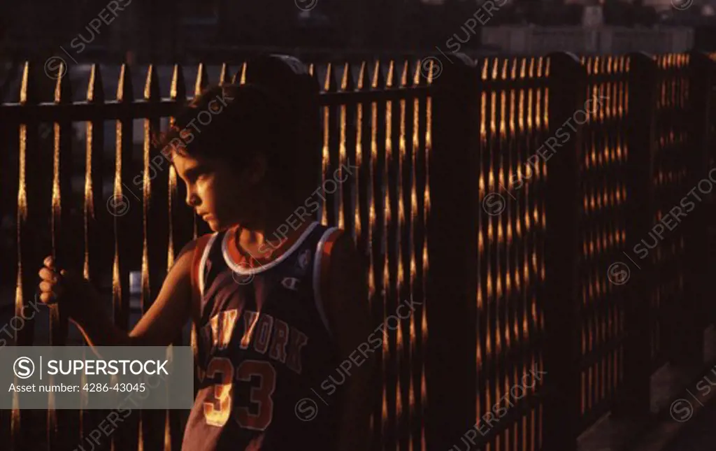A child looks pensively through an iron fence towards the setting sun.